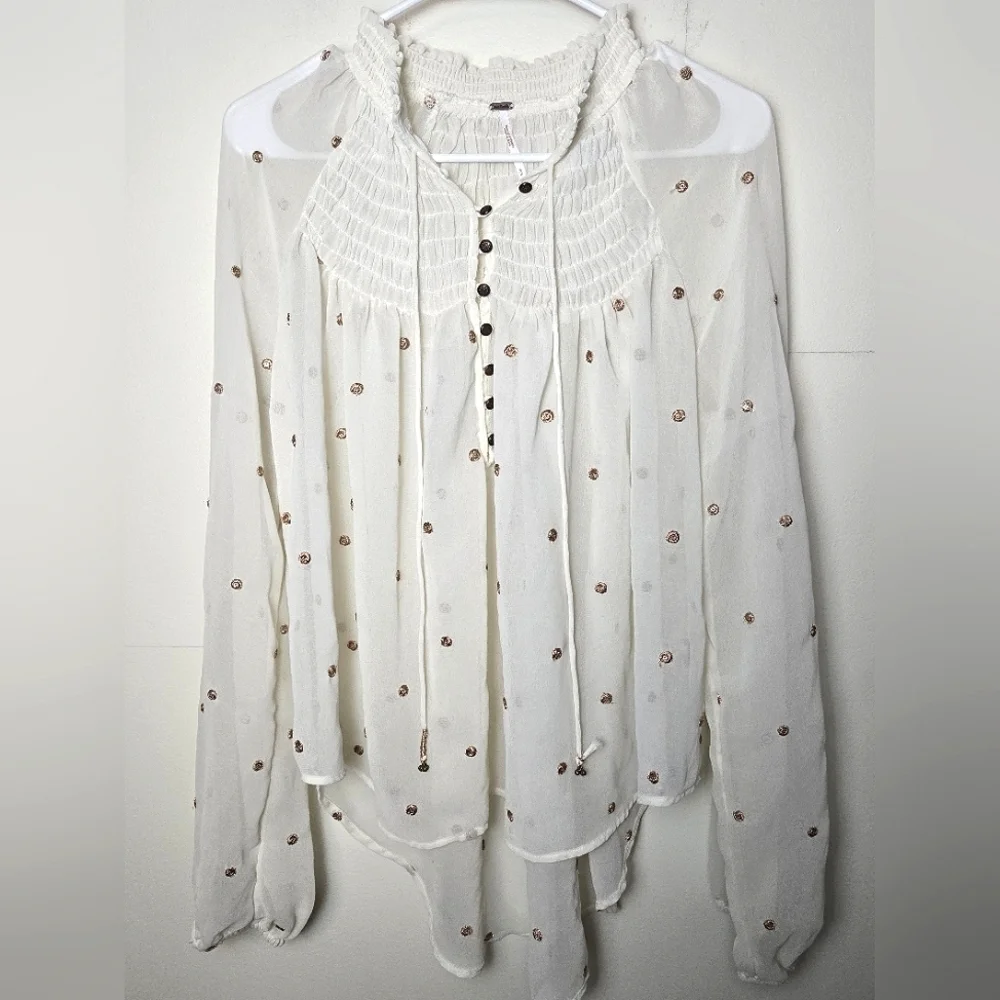 Free People Boho Ready‎ To Run Embroidered Sheer Oversize Blouse, Small